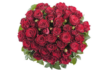 Beautiful bouquet of red roses and eucalyptus leaves isolated on transparent background. Bouquet of red roses heart shape top view isolated on white background.