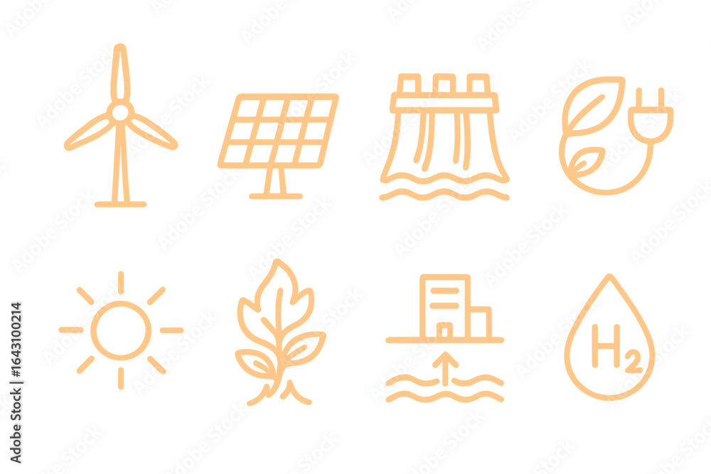 Poster symbols representing various renewable energy sources and their applications in sustainable developm