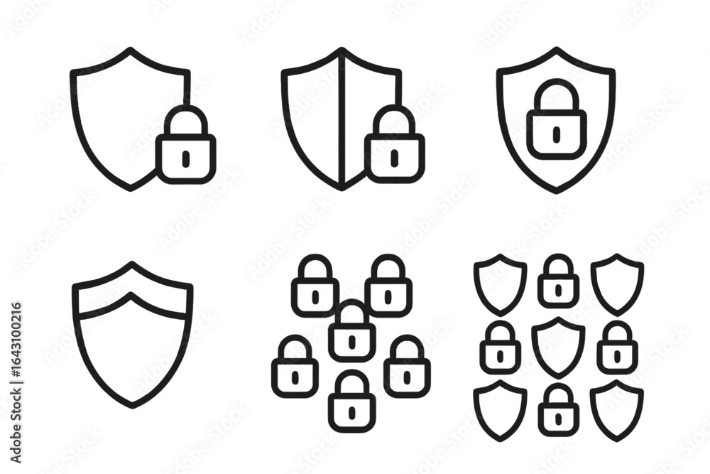 Poster collection of shield and lock icons representing security and protection measures in various designs