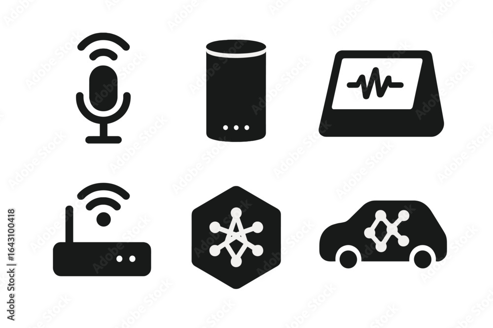 Poster icons representing modern technology in communication and networking featuring various devices and s