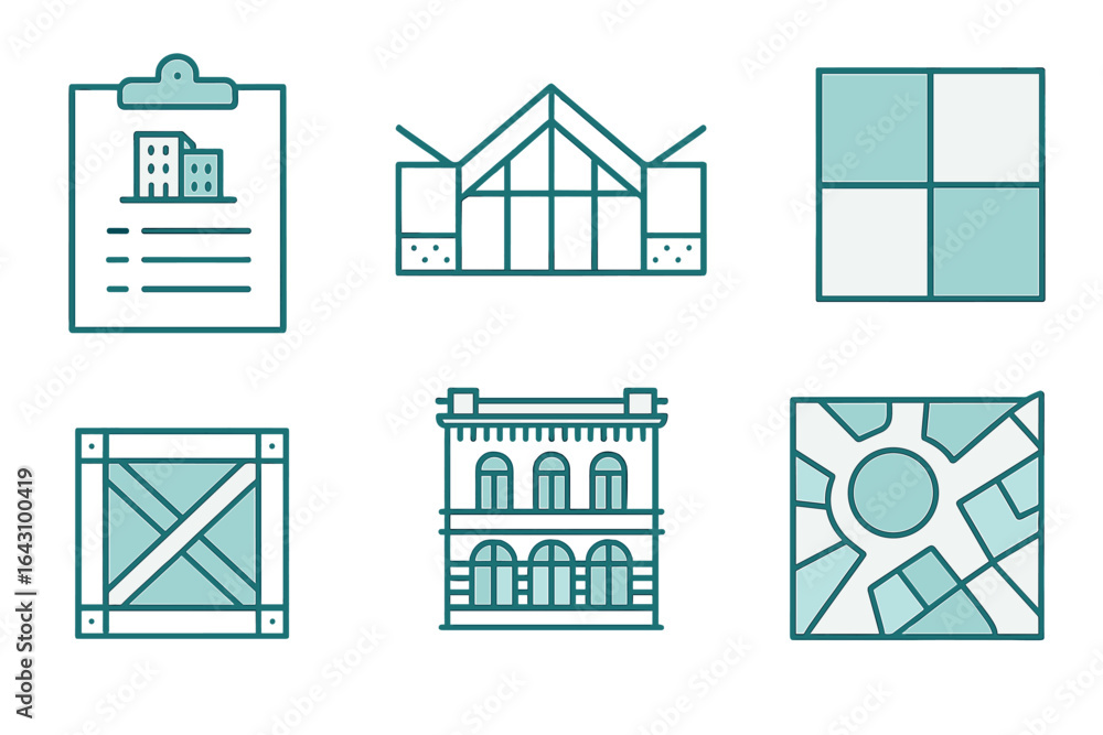 Poster illustrations of architectural elements and building components in a modern design style