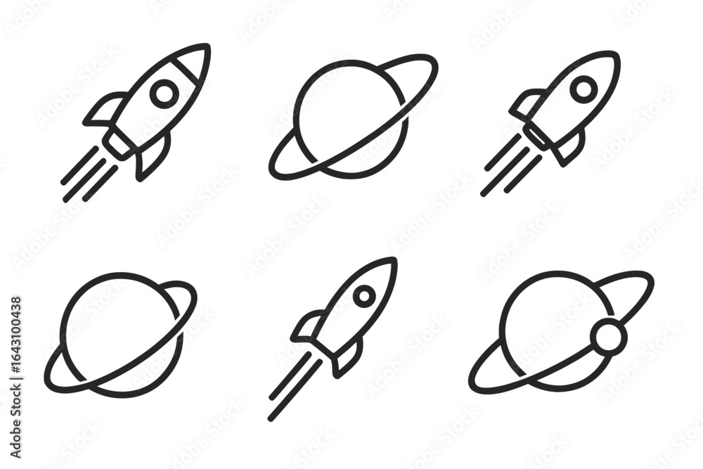 Poster rocket and planet icon set showcasing space exploration concepts in a minimalist design