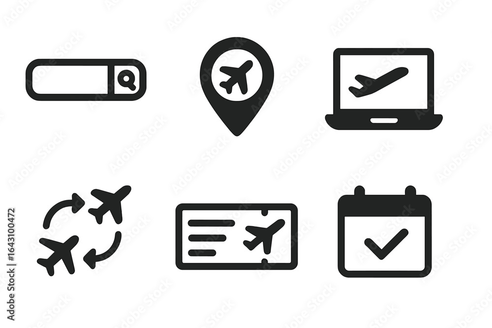 Poster icons representing travel booking and flight navigation using mobile devices and computers