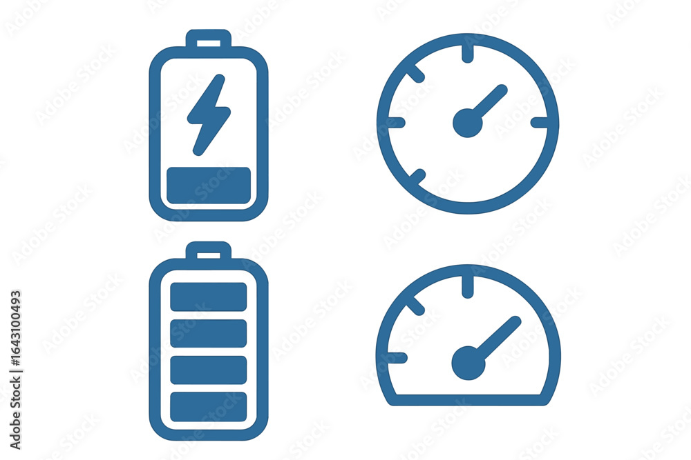 Aufkleber battery and energy metrics icons in flat design showcasing charge levels and performance indicators