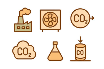 Icons representing carbon dioxide emissions and reduction strategies displayed against a neutral background