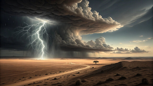 Dramatic lightning storm over desert landscape with tree and winding road stock photo - Powered by Adobe
