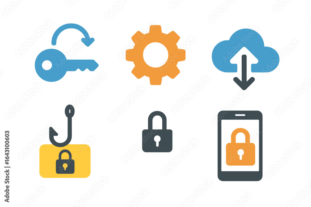 Poster key concepts in digital security featuring icons of encryption, settings, and device protection