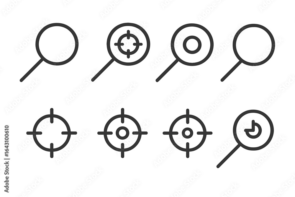 Poster collection of line icons representing magnifying glass and target symbols for user interface design 