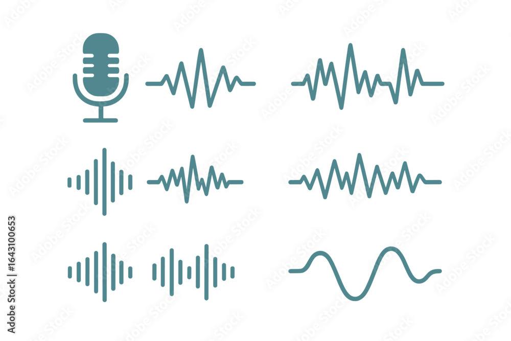 Poster sound wave patterns and microphone icon illustrating audio concepts and recording techniques