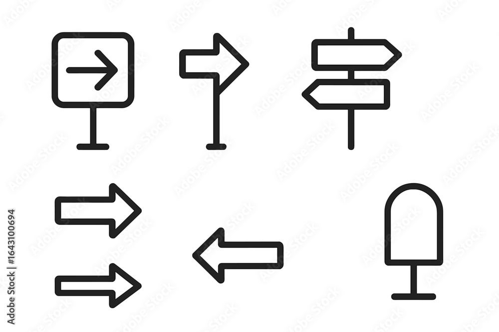 Poster directional signs displaying various arrow orientations located in an urban environment during dayli
