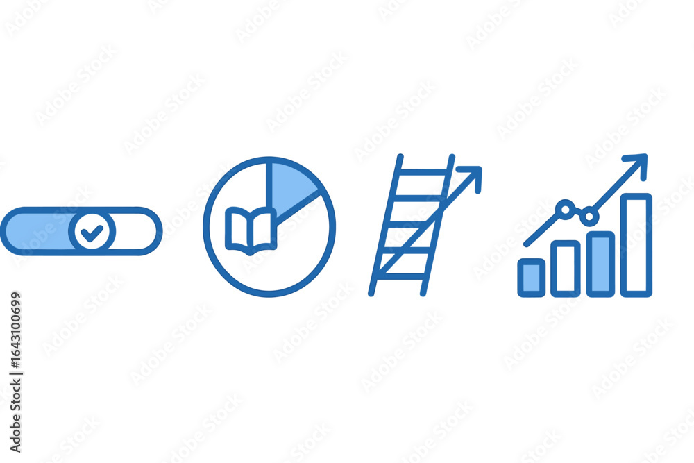 Poster icons representing progress, learning, and data analysis in a modern setting