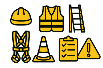 Construction safety icons featuring hard hats, vests, ladders, and tools for workplace safety awareness