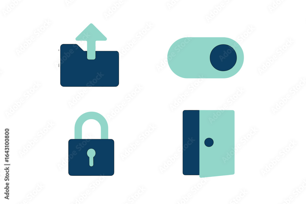 Poster digital icons representing upload, toggle, security lock, and door concepts in a minimal design