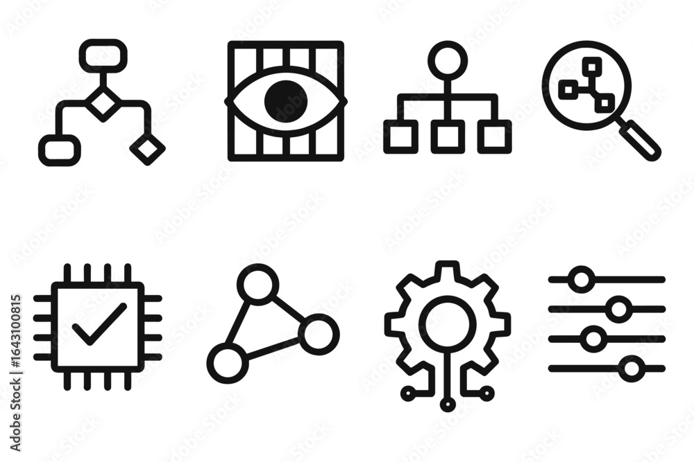 Poster various simple icons representing technology, data, and analysis for digital design concepts