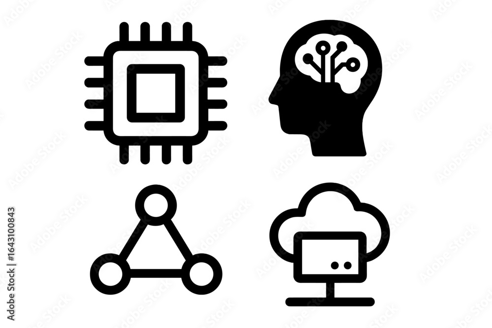 Poster icons illustrating concepts of technology, artificial intelligence, and cloud computing in a minimal