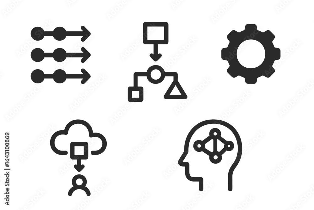 Poster flowchart symbols representing various processes and concepts in a digital workspace setting