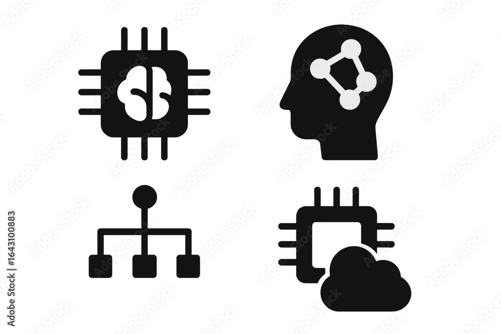 Poster exploring artificial intelligence concepts with brain chip, neural network, and data structures in a