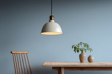 Cream Dome Pendant Light Over Wooden Table with Vases
