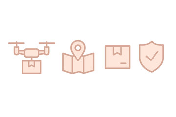 Modern delivery solutions featuring a drone, location map, package icon, and shield symbol for secure shipping processes