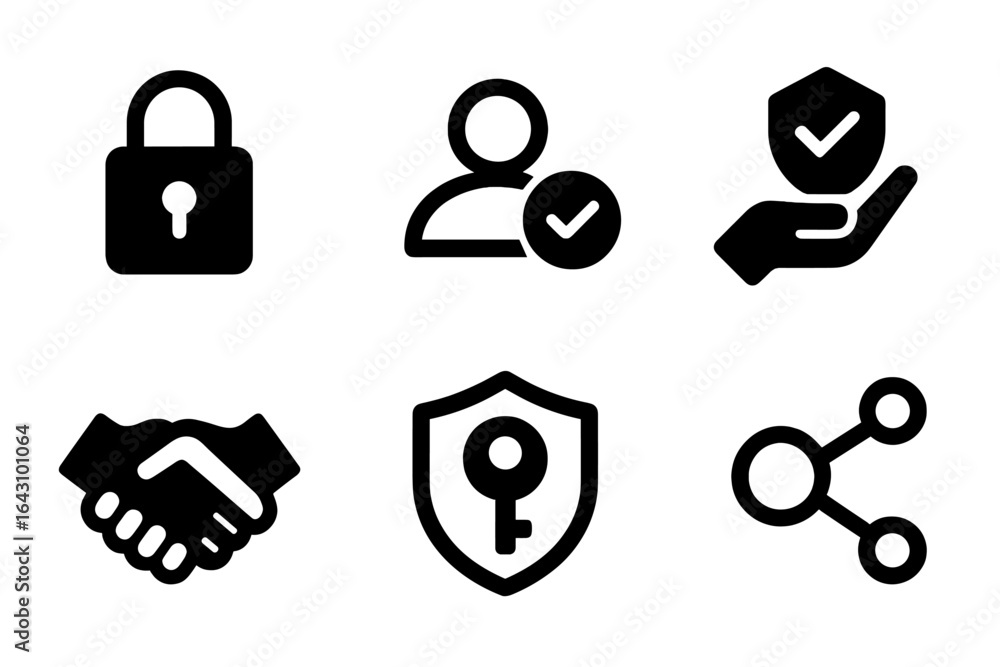 Poster icons representing security features and user verification processes in a digital environment, empha