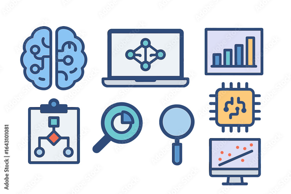 Poster exploring concepts of artificial intelligence and data analysis through illustrations of technology 