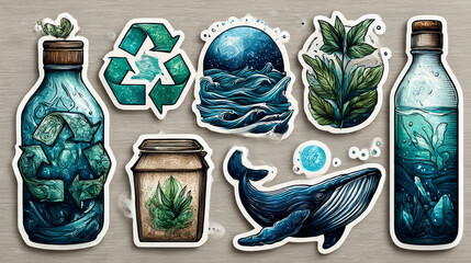 Ecological stickers. Collection of ecology stickers with slogans - no waste, recycle, waste sorting, save energy, save water, bio, save the ocean, eco bag. Bundle of bright vector design elements. 