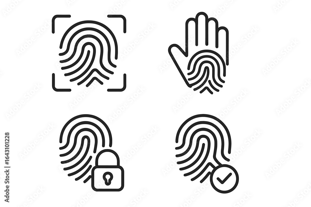 Poster various symbols representing fingerprint recognition technology and its applications in security and