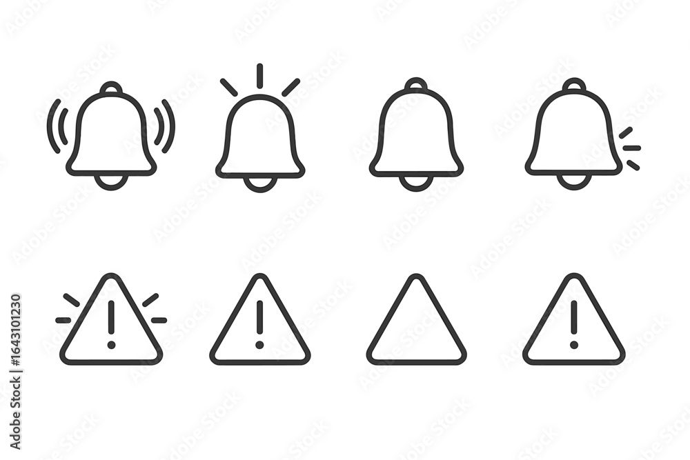 Poster collection of alert and notification icons designed in a minimalist style for digital interfaces and