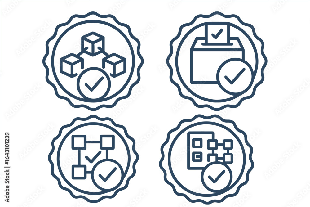 Poster certification seals representing quality assurance and approval in various sectors and industries, d