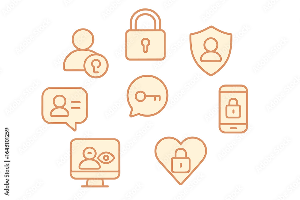 Poster exploring digital security concepts through various icons representing user privacy and data protect