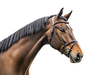 Fototapeta premium Close up of a brown horse head with bridle isolated on transparent background. Brown horse isolated on white background.