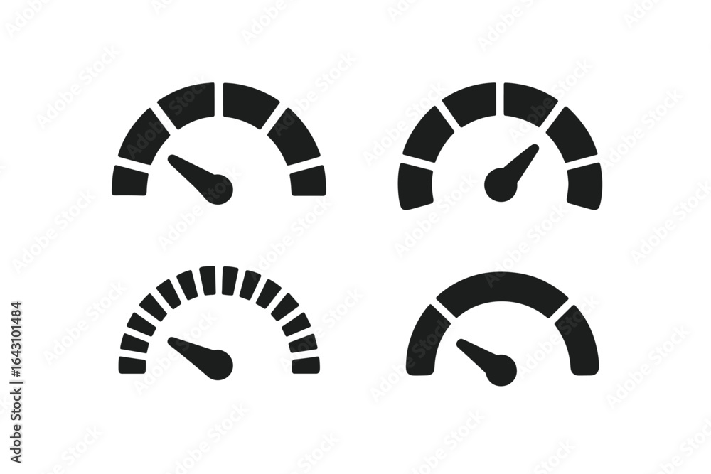 Poster different designs of speedometer gauges showing varying levels of measurement in black and white