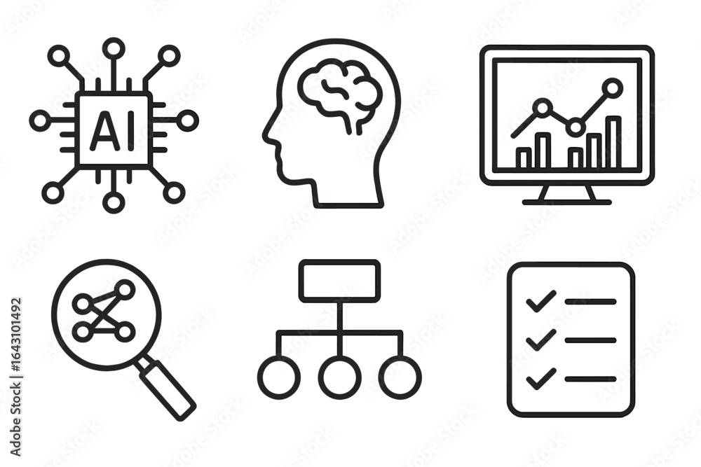 Aufkleber illustration of artificial intelligence concepts with graphics showing brain, data analysis, and con