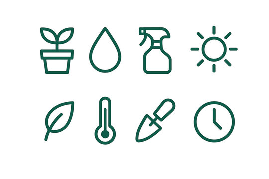 Icons representing essential elements for successful gardening and plant care in various settings