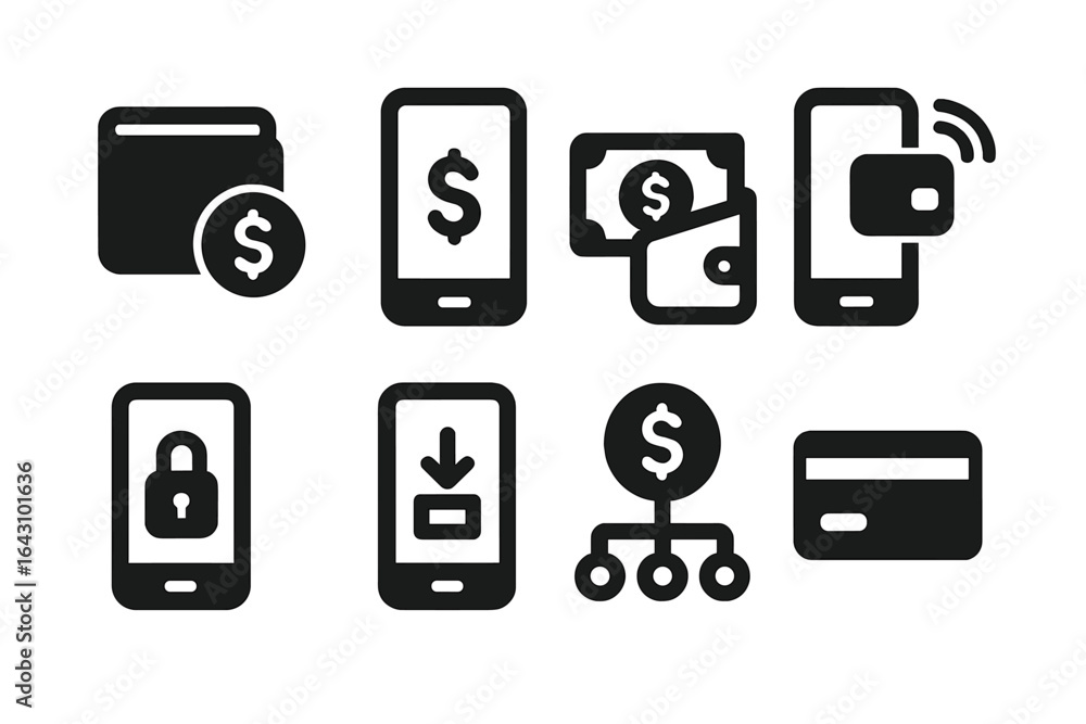 Aufkleber digital payment icons showing various financial transactions and security features on smartphone dev
