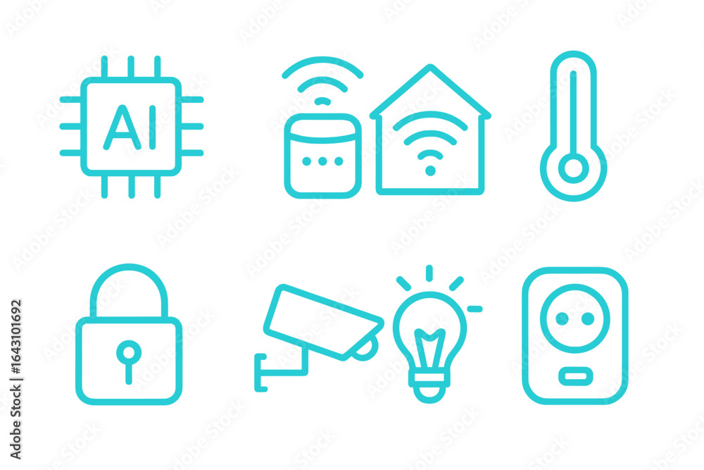 Poster smart home technology icons representing automation and security in modern living spaces