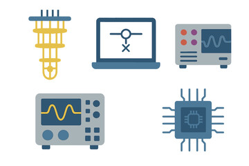 Electronic components and equipment for modern technology applications showcased together in a digital format