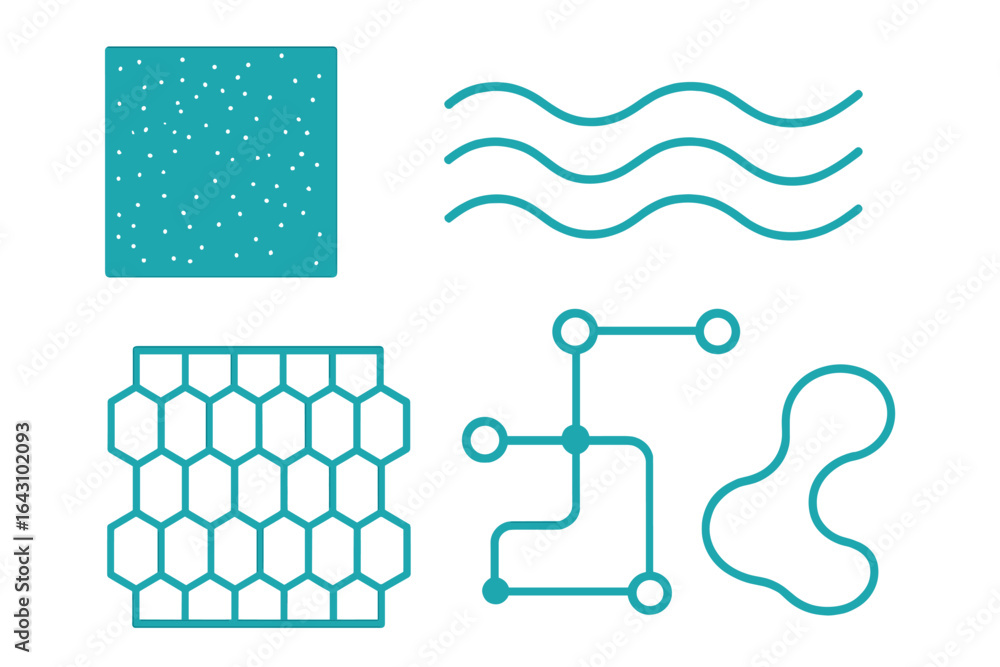 Poster Geometric patterns and abstract shapes in turquoise on a white background showcasing modern design elements