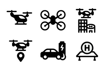 Various drone and helicopter icons representing modern aviation technology and services in urban settings