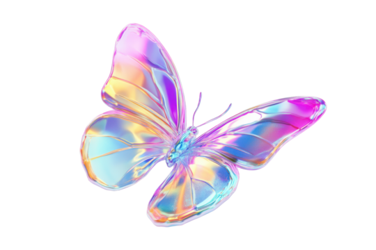 Iridescent butterfly balloon isolated on transparent background. Butterfly fluid holographic Iridescent isolated on white background, 3d rendering.