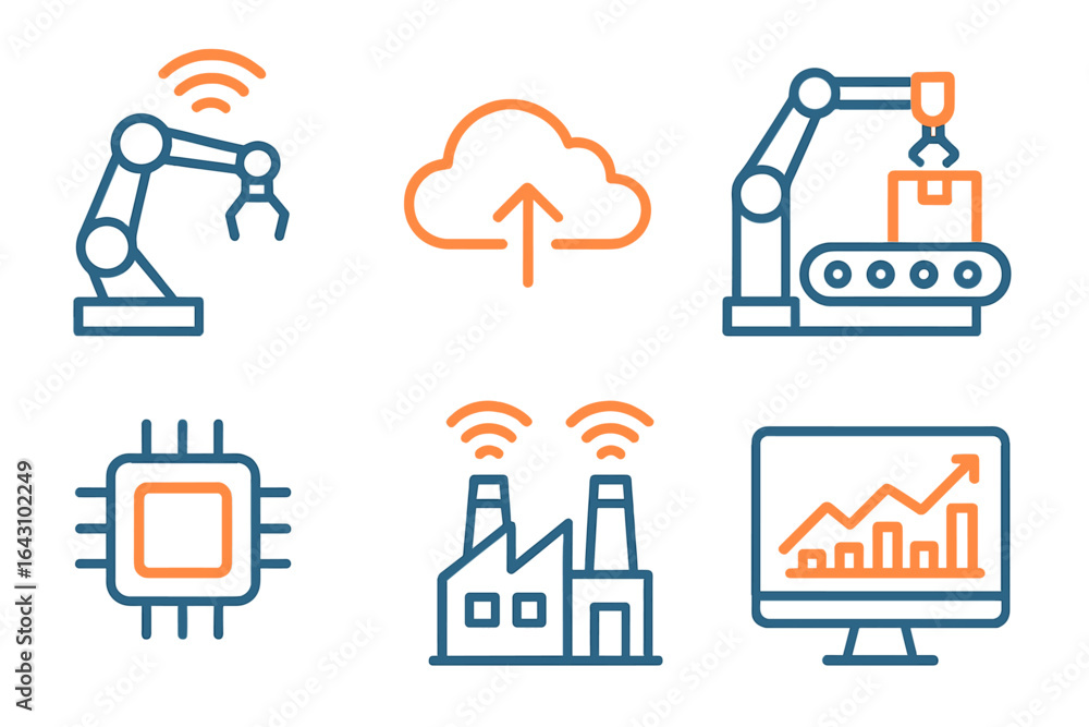 Poster modern automation technology symbols representing industrial processes and data integration for futu