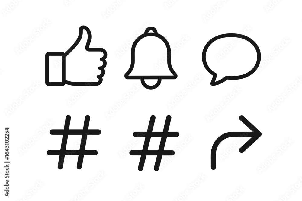 Poster symbols representing social media interactions and notifications displayed on a minimalistic backgro