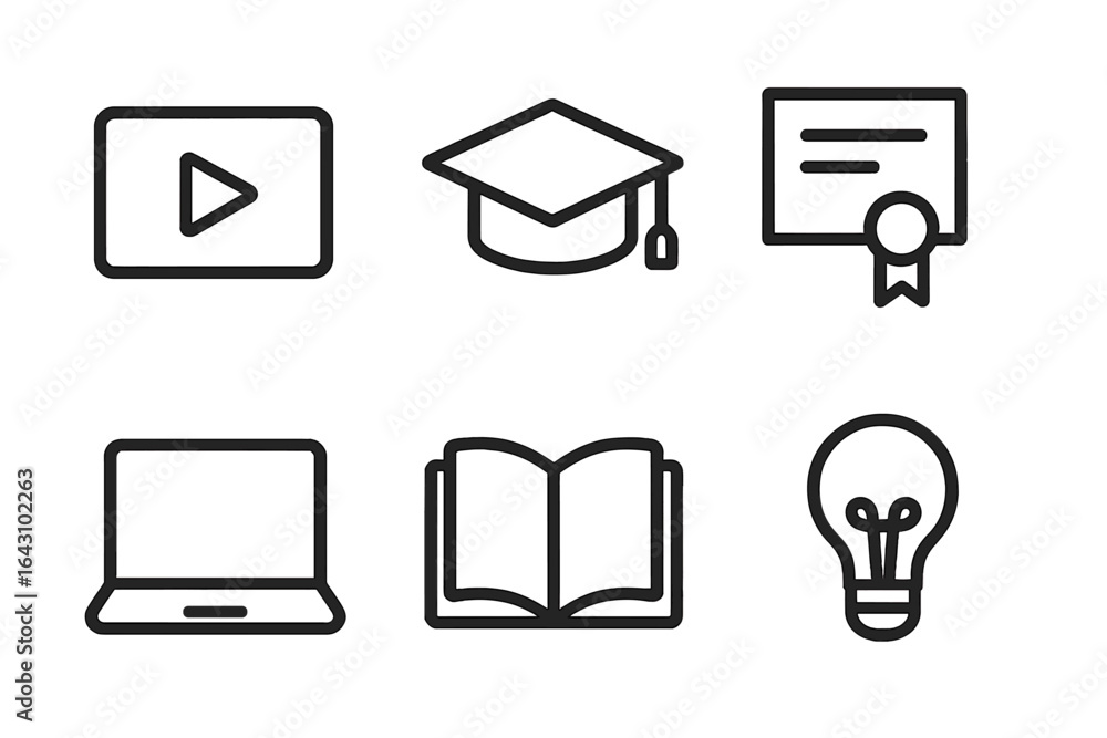 Poster educational icons representing digital learning tools and resources for students in modern classroom