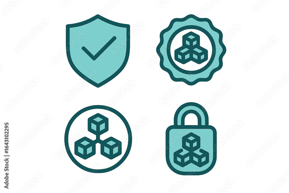 Poster digital icons representing security, validation, and blockchain technology concepts in a modern desi