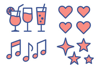 Colorful cocktails and fun symbols representing a festive gathering or party atmosphere with music elements
