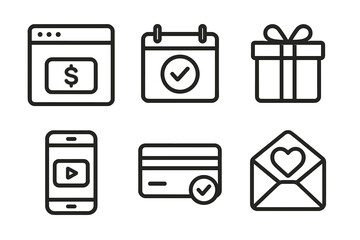 Digital icons representing online shopping, scheduling, gifts, and communication in a modern design setting