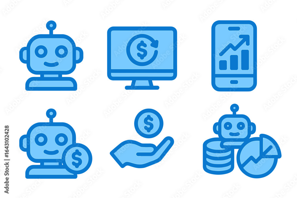 Poster robots engaging in financial activities and data analysis with screens and coins in a digital worksp