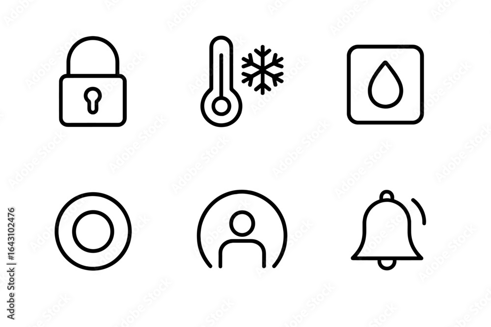 Poster icons displaying various concepts including security, temperature, water, user identification, and n