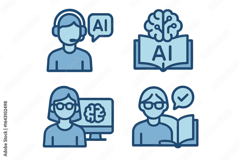 Poster exploring artificial intelligence concepts through illustrations of learning and support in a digita