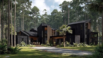 Modern home nestled within a lush forest.